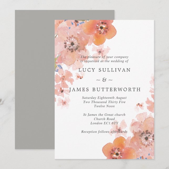 Watercolor Peach and Grey Floral Wedding Invitation (Front/Back)