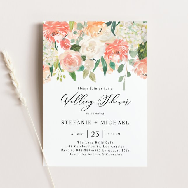 Watercolor Peach and Ivory Flowers Wedding Shower Invitation (Creator Uploaded)