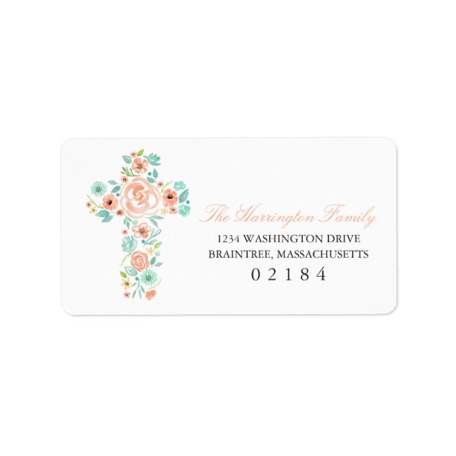 Watercolor Peach and Mint Flower Cross Label (Front)
