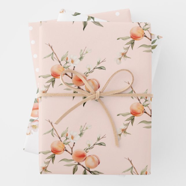 Watercolor peach birthday party wrapping paper sheet (In situ)