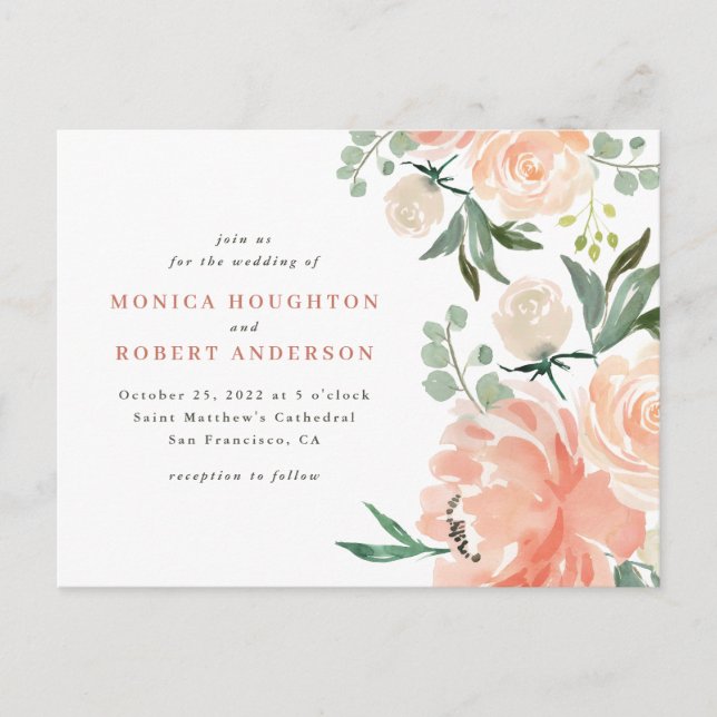 Watercolor Peach & Blush Pink Floral Wedding Invitation Postcard (Front)