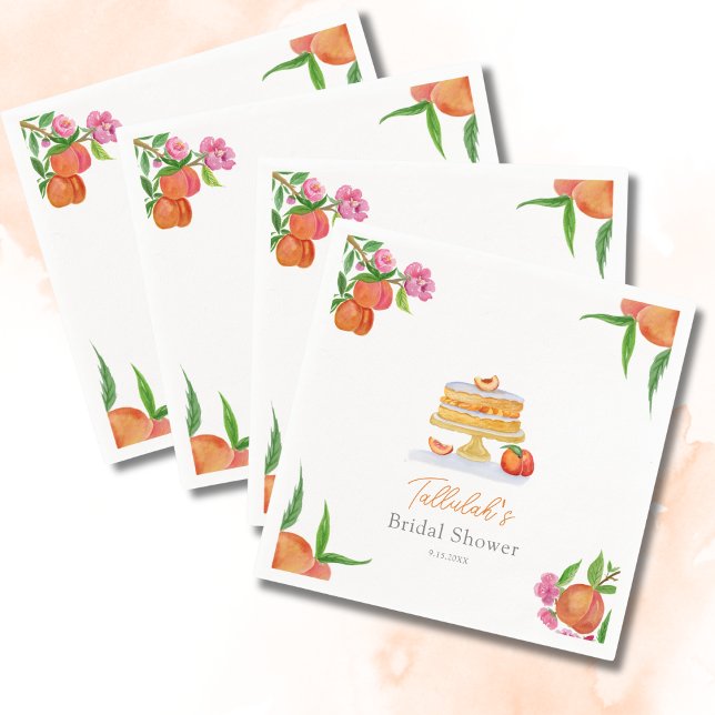 Watercolor Peach Cake With Blossoms Bridal Shower Napkin (Creator Uploaded)