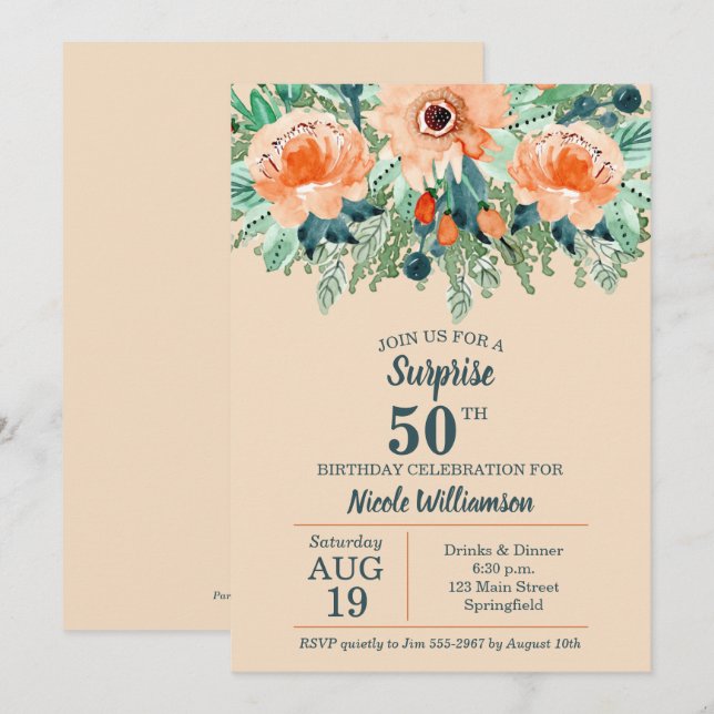 Watercolor Peach Floral 50th Birthday Invitations (Front/Back)