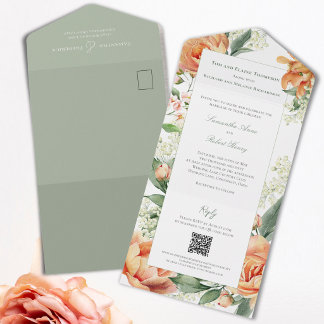 Watercolor Peach Floral All In One Wedding  Invitation