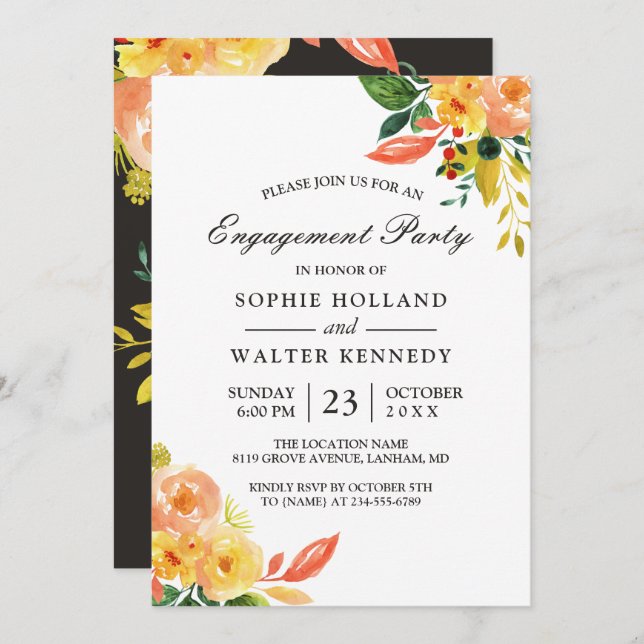 Watercolor Peach Floral Autumn Engagement Party Invitation (Front/Back)