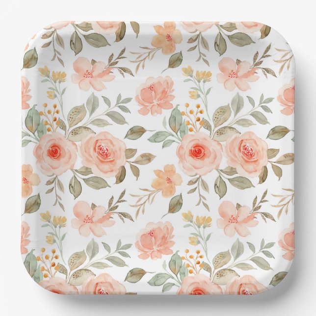 Watercolor Peach Floral Birthday Shower Party Paper Plate (Front)