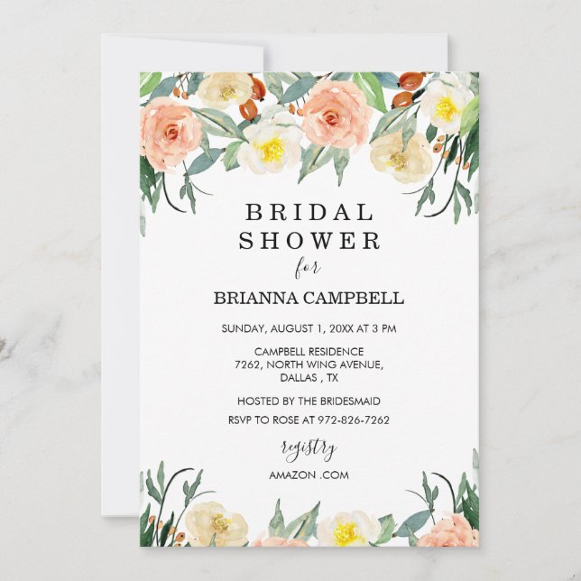 Watercolor Peach Floral Bridal Shower Invitation (Front)