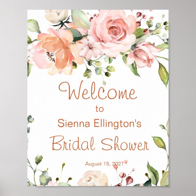 Watercolor peach floral Bridal Shower Welcome sign (Front)