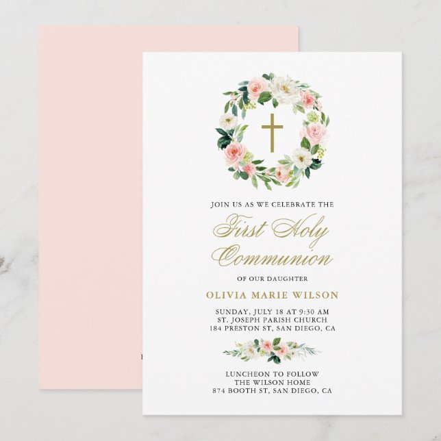 Watercolor Peach Floral First Holy Communion Invitation (Front/Back)