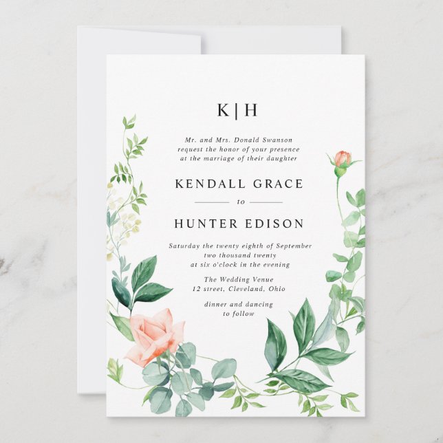 watercolor peach floral greenery wedding invitation (Front)