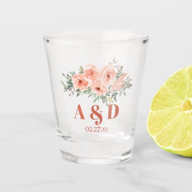 Watercolor Peach Floral Monogram Shot Glass (Front)