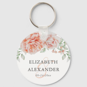 Watercolor Peach Floral Monogram Wedding Favour Key Ring