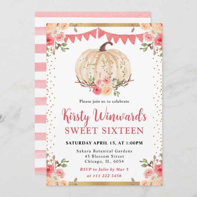 Watercolor Peach Floral Pumpkin Fall Sweet 16 Invitation (Front/Back)
