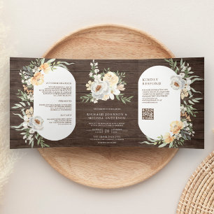 Watercolor Peach Floral QR Code Barn Wood Wedding Tri-Fold Invitation