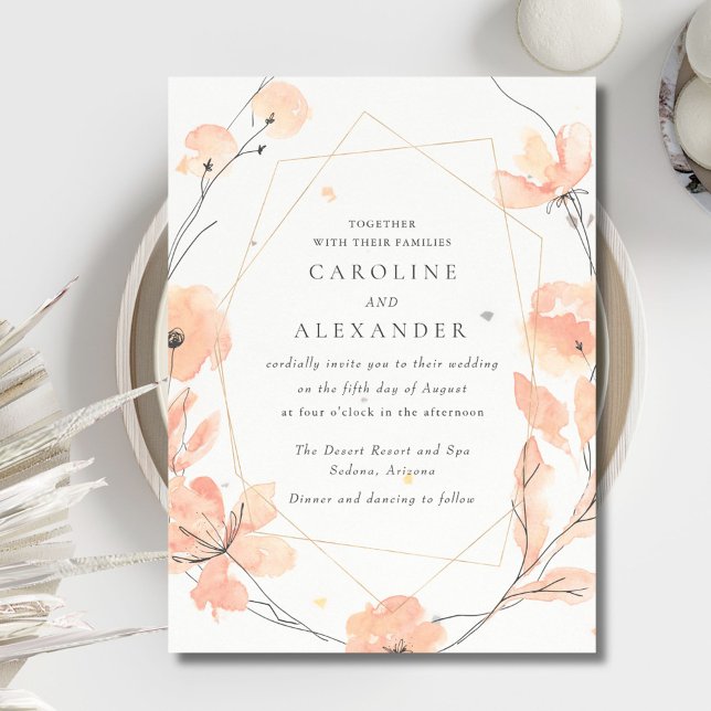 Watercolor Peach Floral Speckletone Wedding Invitation (Peach Watercolor Floral Speckletone Wedding Invitation)