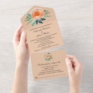 Watercolor Peach Floral Wedding All In One Invitation