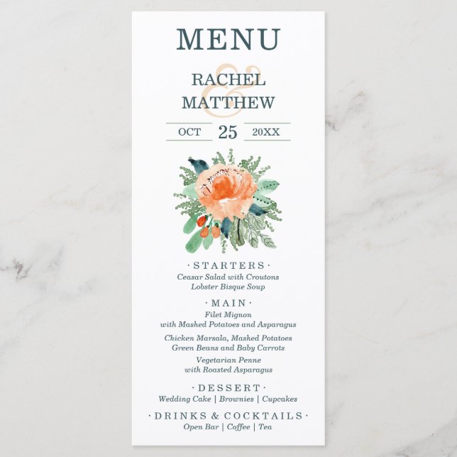 Watercolor Peach Floral Wedding Menu (Front)
