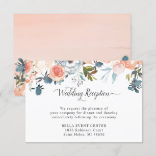 Watercolor Peach Floral Wedding Reception Details Invitation