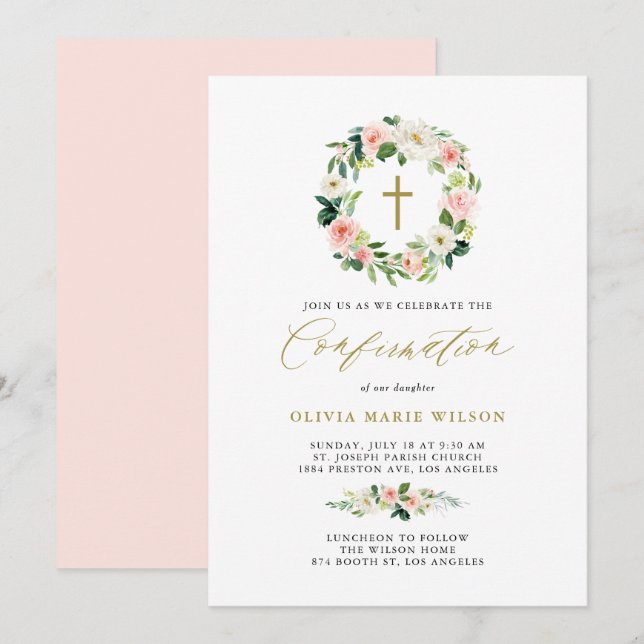 Watercolor Peach Floral Wreath Confirmation Invitation (Front/Back)