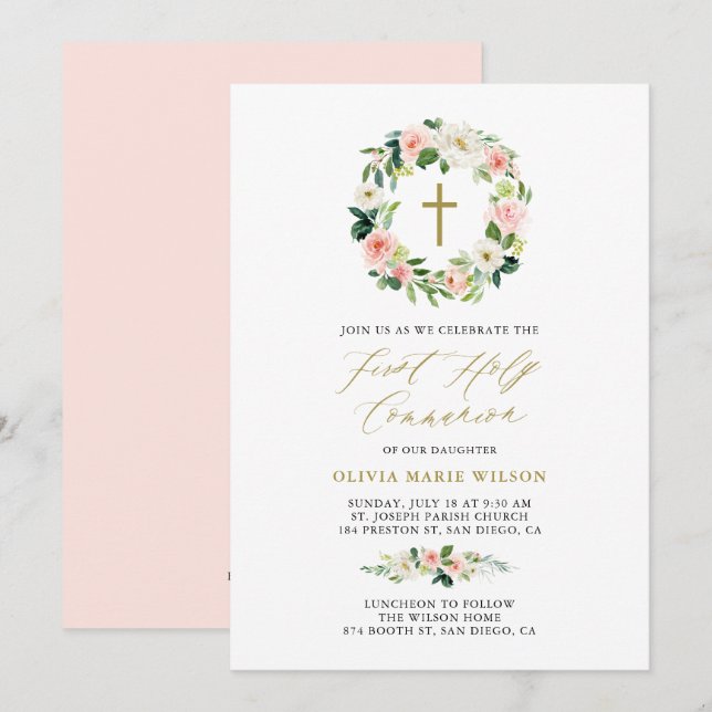 Watercolor Peach Florals First Holy Communion Invitation (Front/Back)