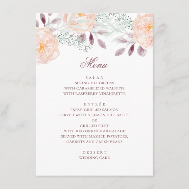 Watercolor peach flower. Botanical wedding. Floral Menu (Front)