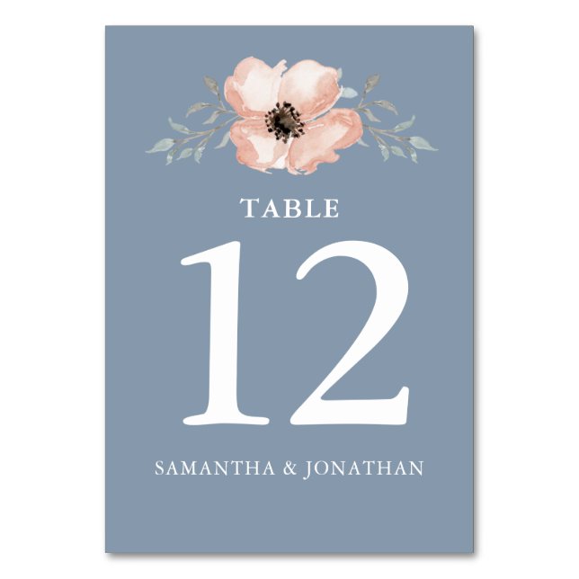 Watercolor Peach Flower Greenery Wedding Table Number (Front)