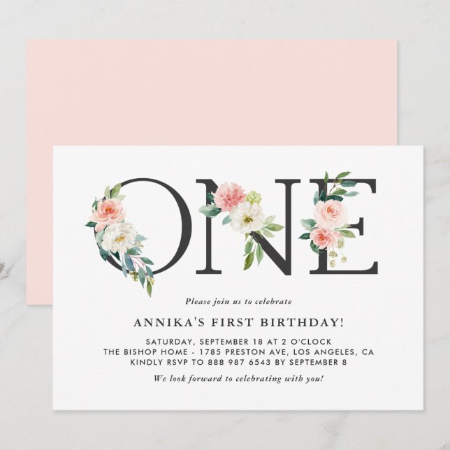 Watercolor Peach Flowers Floral First Birthday Invitation (Front/Back)