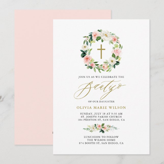 Watercolor Peach Flowers Floral Wreath Bautizo Invitation (Front/Back)