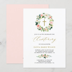 Watercolor Peach Flowers Floral Wreath Christening Invitation