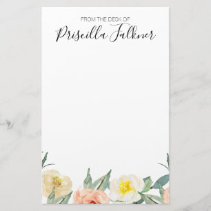 Watercolor Peach Flowers From The Desk Of Stationery