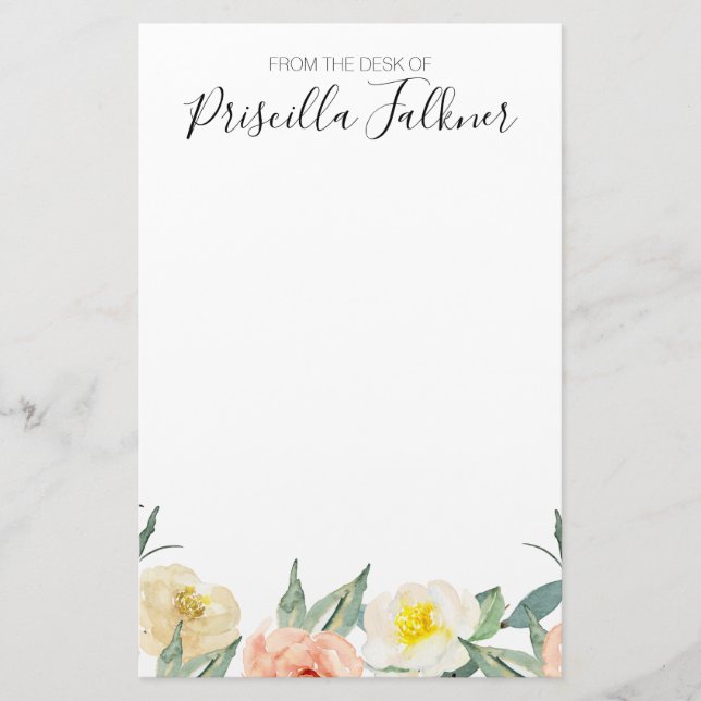 Watercolor Peach Flowers From The Desk Of Stationery (Front)
