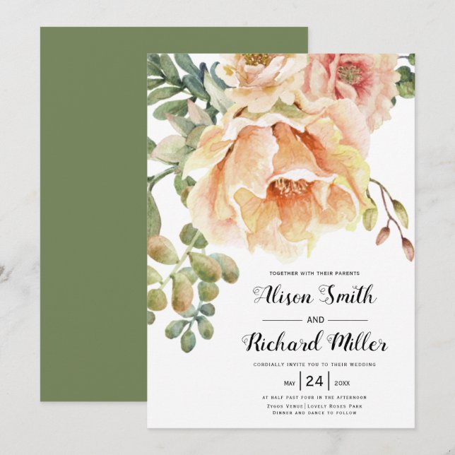 Watercolor peach flowers script typography wedding invitation (Front/Back)