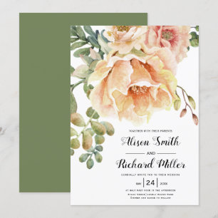 Watercolor peach flowers script typography wedding invitation