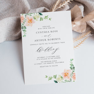 watercolor peach flowers wedding invitation