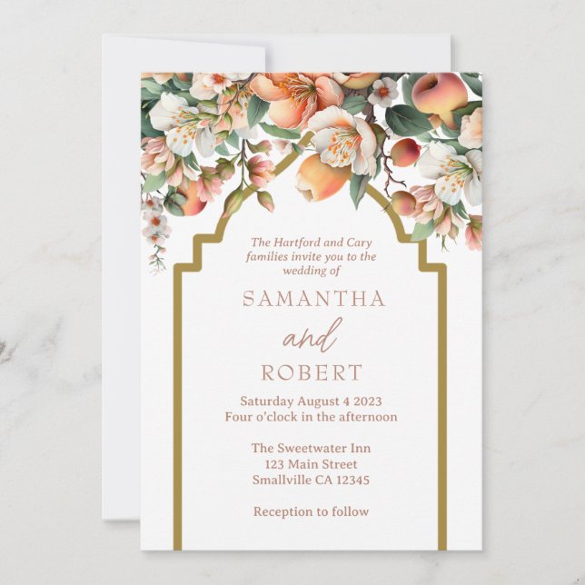 Watercolor Peach Gold Floral Wedding Invitation (Front)