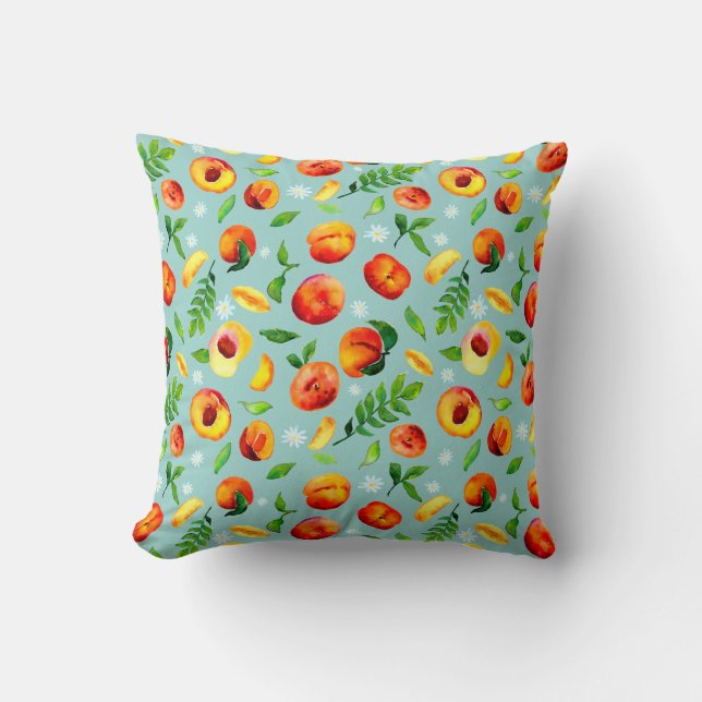 Watercolor Peach Green Leaves Blue background Cushion (Front)
