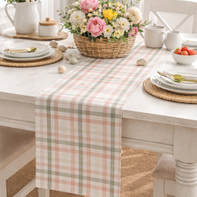 Watercolor Peach Green Plaid Short Table Runner (Creator Uploaded)