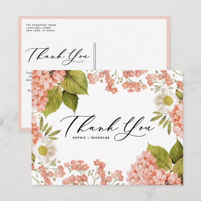 Watercolor Peach Hydrangea Wedding Thank You Postcard (Front/Back)
