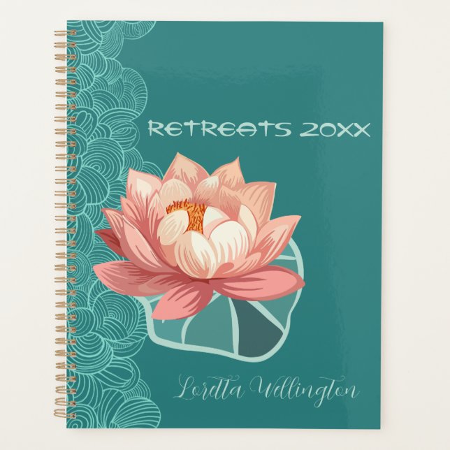 Watercolor Peach Lotus On Teal Personalised Planner (Front)