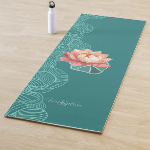 Watercolor Peach Lotus On Teal Personalized Yoga Mat