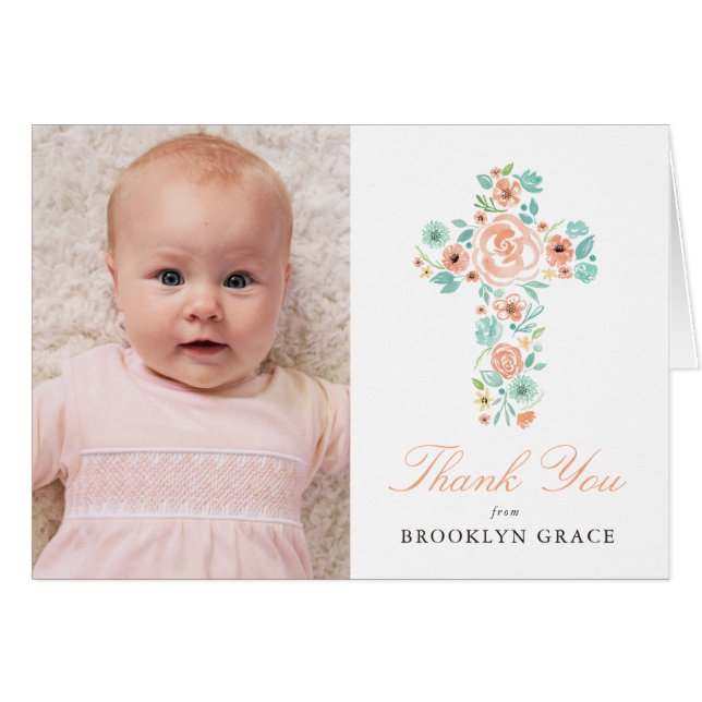 Watercolor Peach & Mint Flower Cross Baptism Photo (Front Horizontal)