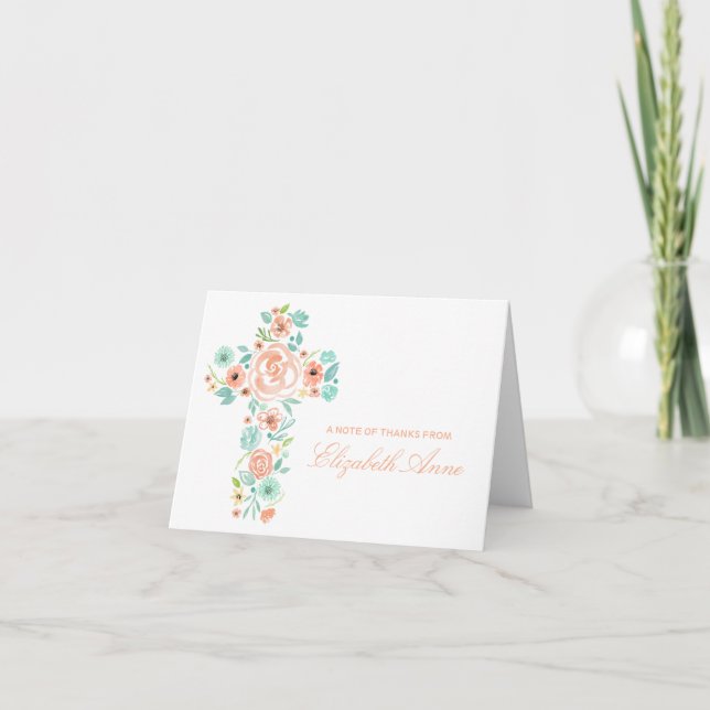 Watercolor Peach Mint Flower Cross First Communion Card (Front)