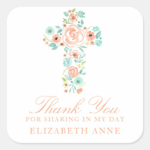 Watercolor Peach Mint Flower Cross First Communion Square Sticker