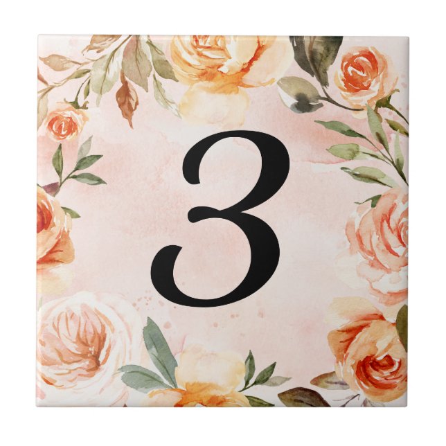 Watercolor Peach Navy Floral House Number  Tile (Front)