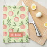 Watercolor Peach Pattern Personalised Green Tea Towel<br><div class="desc">This pale green kitchen towel has an elegant watercolor peach and greenery pattern personalised with your name (back is white.) You can put this design on other products,  too!</div>