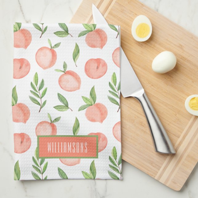 Watercolor Peach Pattern Personalised Tea Towel (Quarter Fold)