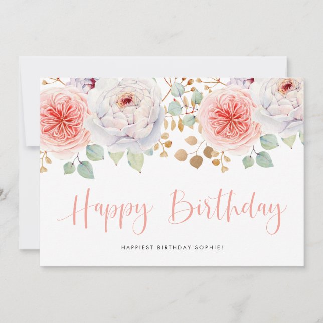 Watercolor Peach Peonies and Gold Leaves Birthday (Front)