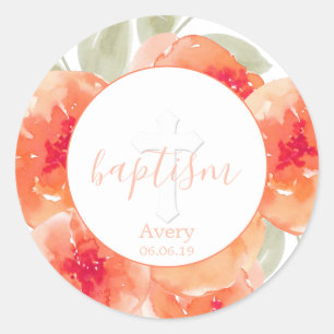Watercolor Peach Peonies Floral Baby Baptism Classic Round Sticker