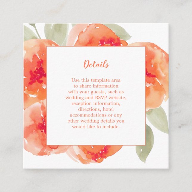 Watercolor Peach Peonies Floral Wedding Details Enclosure Card (Front)