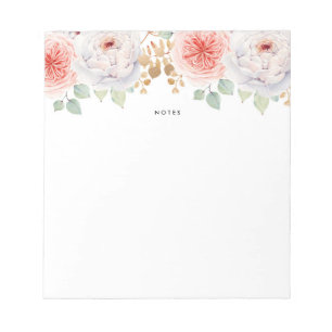 Watercolor Peach Peonies Gold Leaves Notepad